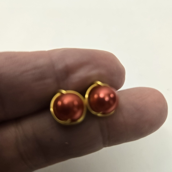 Hand Crafted Gold and Red Faux Pearl Post Earrings - Picture 7 of 10